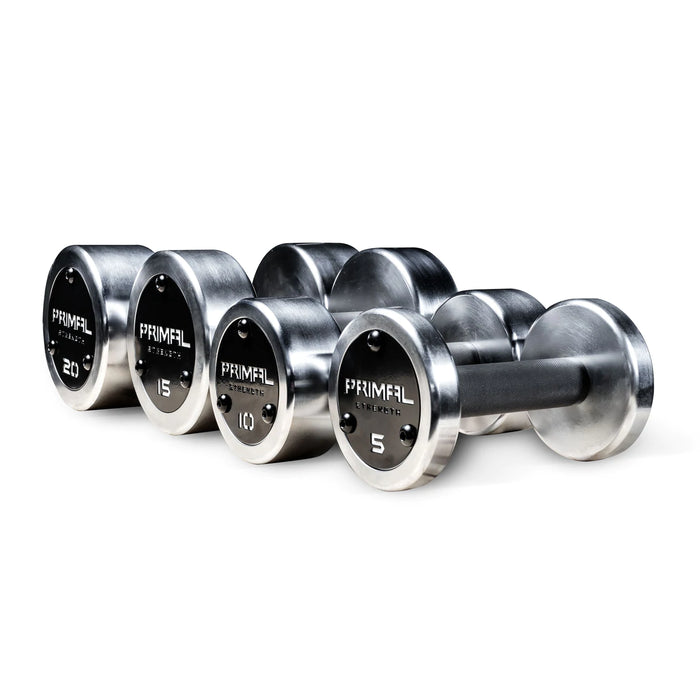 Primal Strength Custom Steel Dumbbell Set 4kg-40kg (2kg increments 35mm handle) 20 pairs 2 sets of 10kg pairs