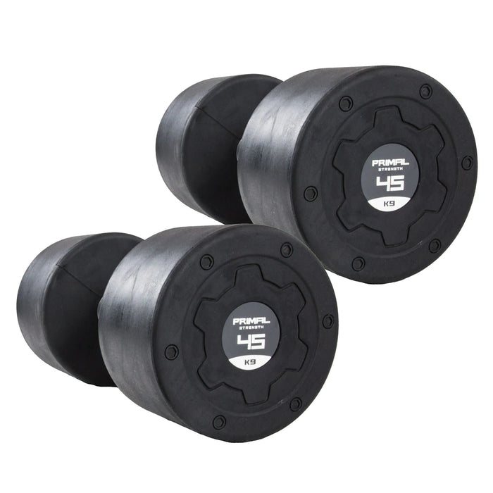 Primal Strength Stealth Commercial Fitness Premium Rubber Nero Stainless Steel Handle Dumbbells 45kg (Pair)